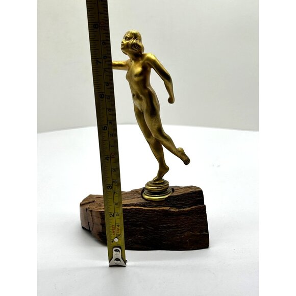 Brass Bronze Cast Metal Art Deco 8" Nude Statue Figurine Lady on Wood Base Vtg - Picture 11 of 15